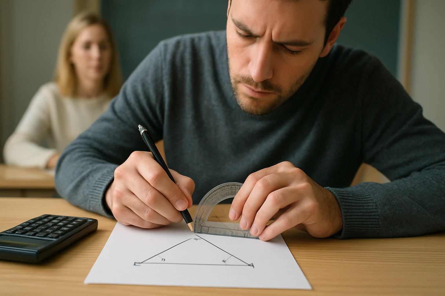 Egy férfi vonalzót használ, hogy egy háromszöget rajzoljon papírra.