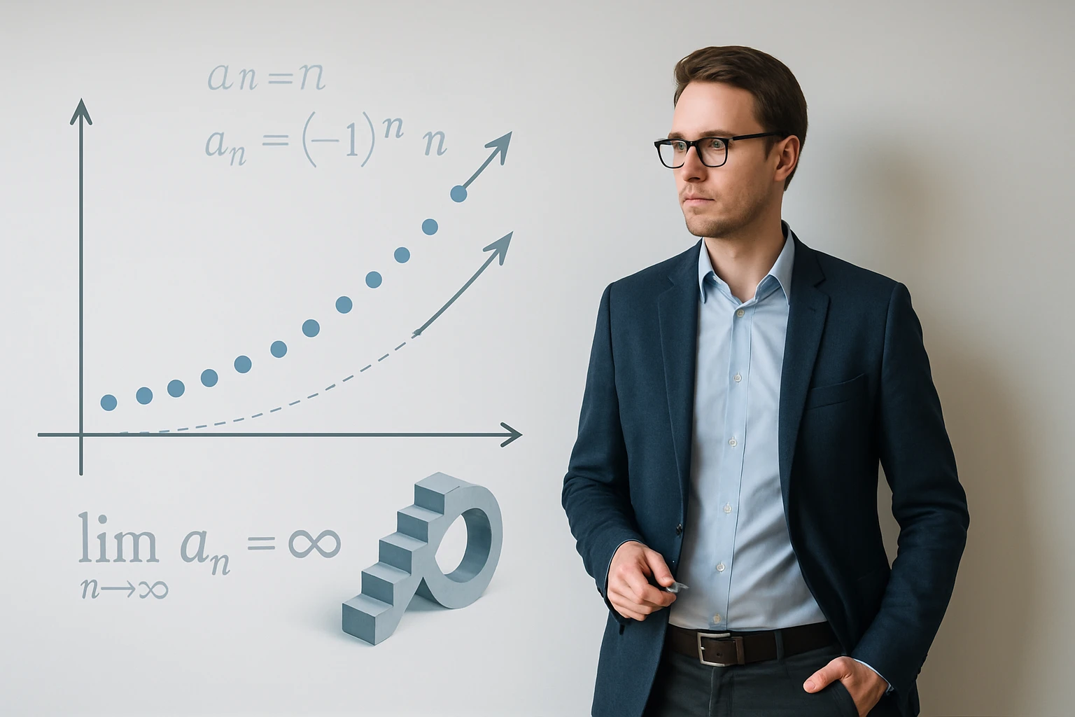 Egy fiatal férfi áll egy matematikai grafikon előtt, amely sorozatokat ábrázol.