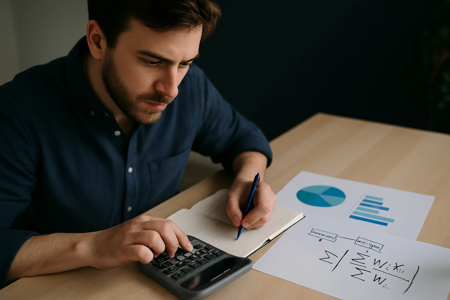 Egy férfi számológéppel és jegyzetfüzettel dolgozik, matematikai képleteket ír.