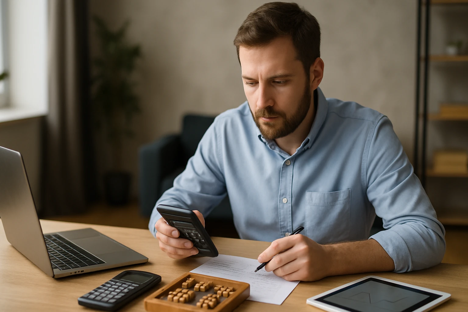 Egy férfi számológépet használ, miközben jegyzetel egy papíron.