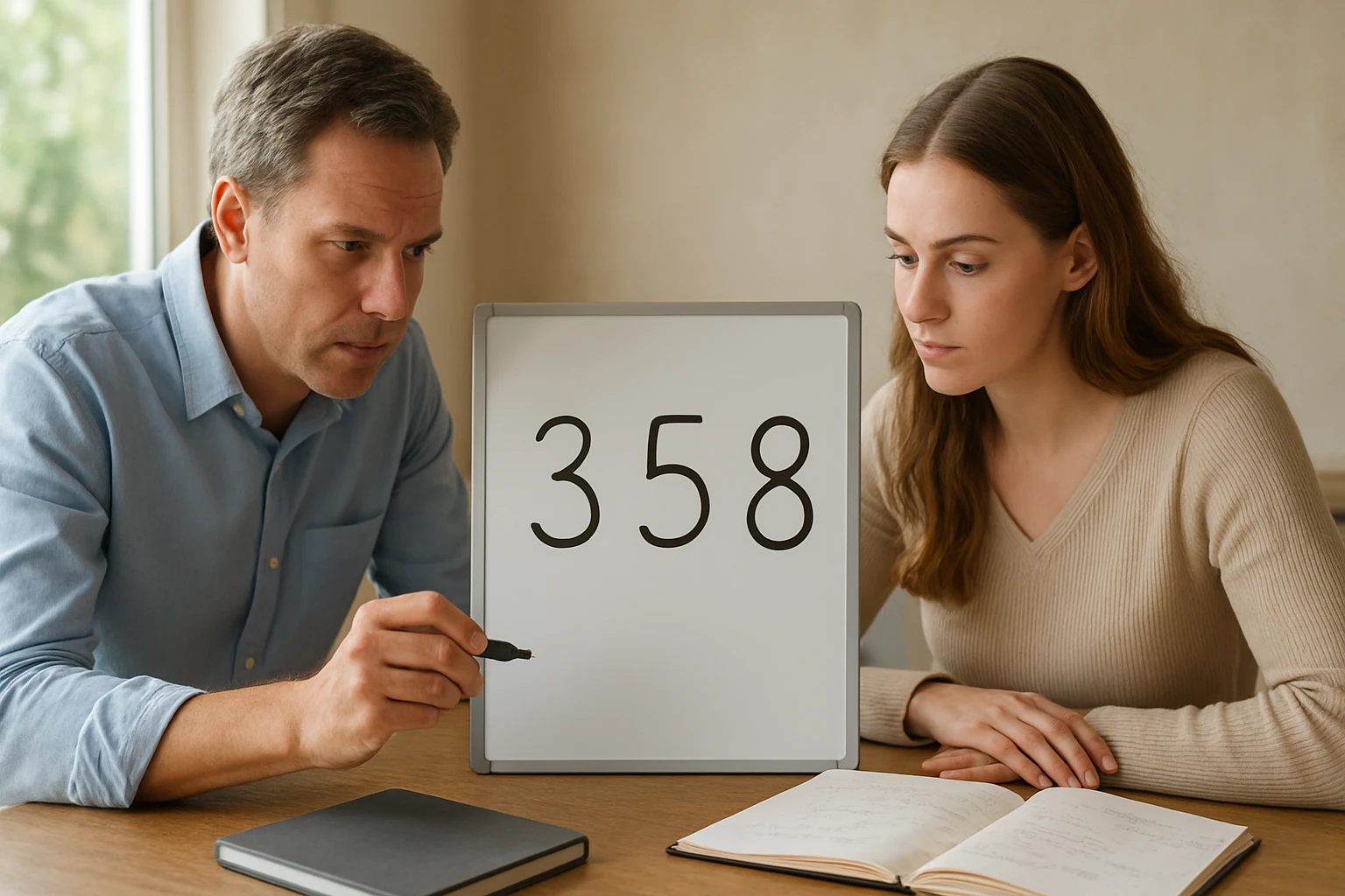 Egy férfi és egy nő figyelmesen nézi a táblán lévő 358-as számot.