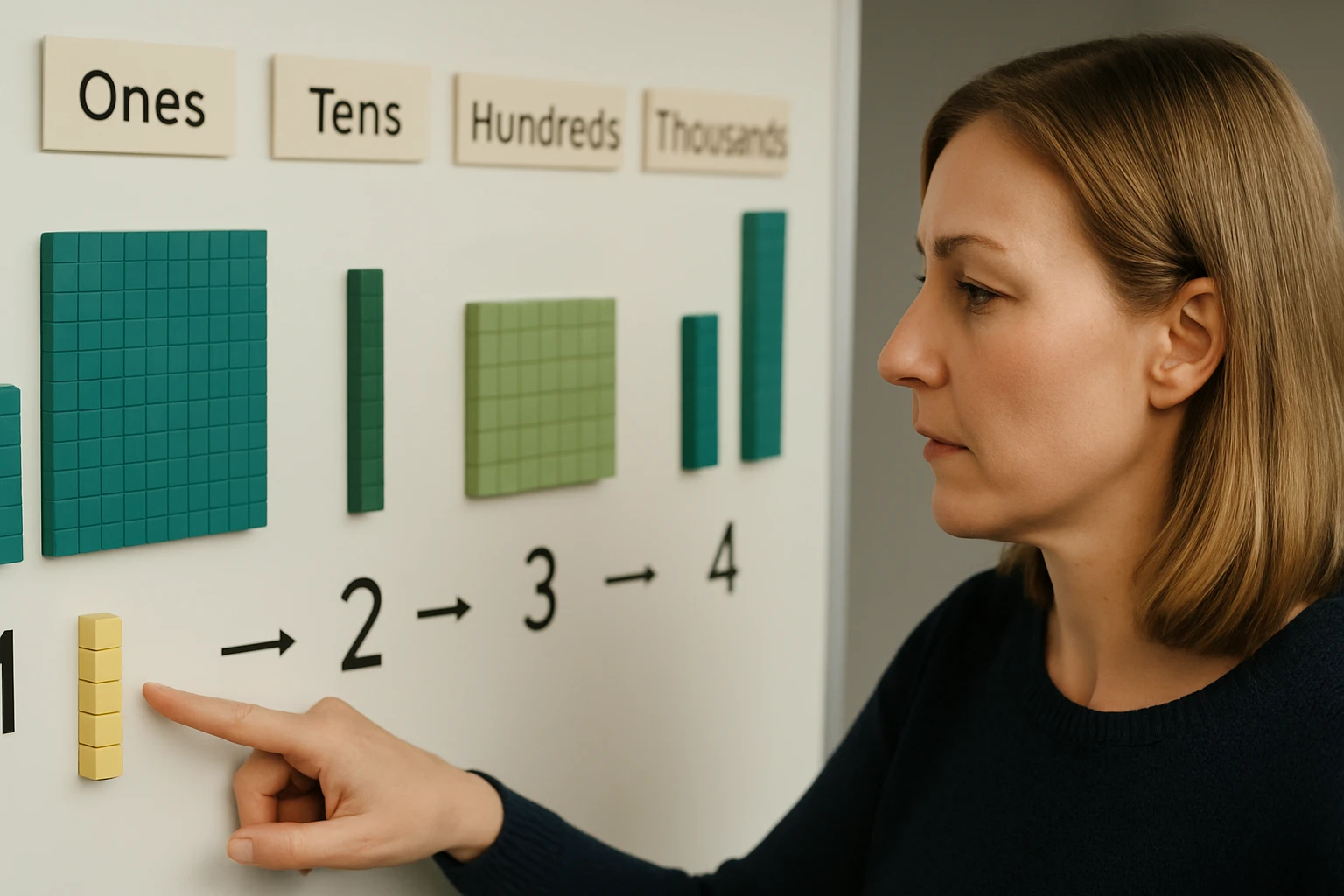 Egy nő mutat a matematikai számrendszer elemeire, mint az egyesek és tízesek.