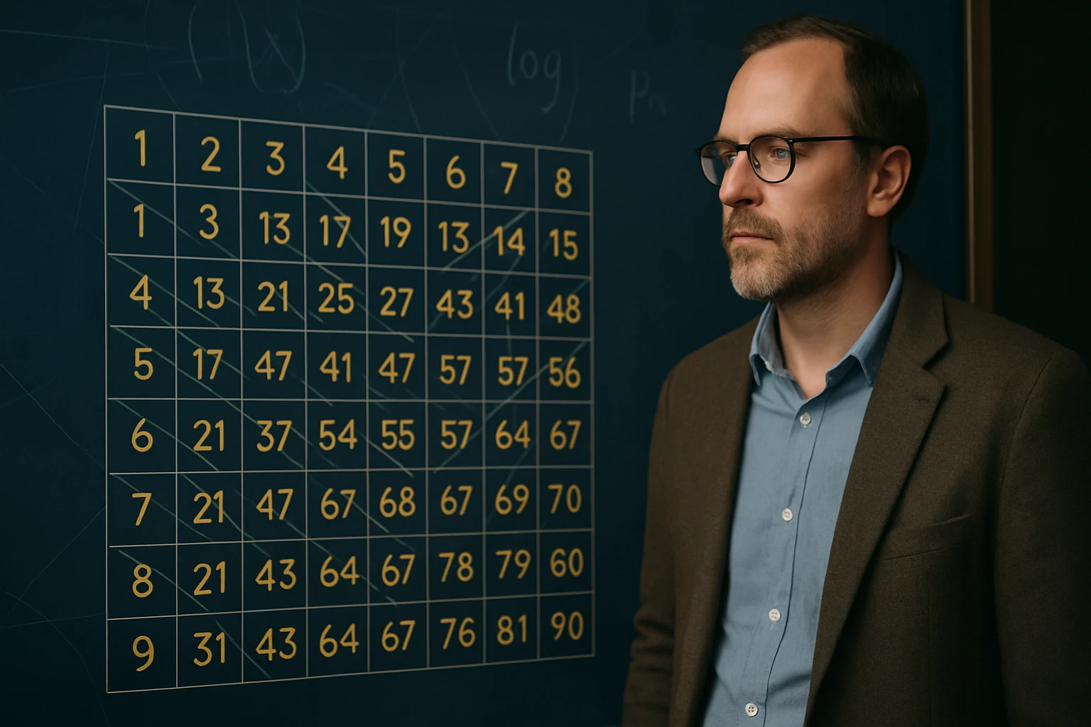 Egy férfi áll egy matematikai táblánál, amelyen számok és egy táblázat látható.