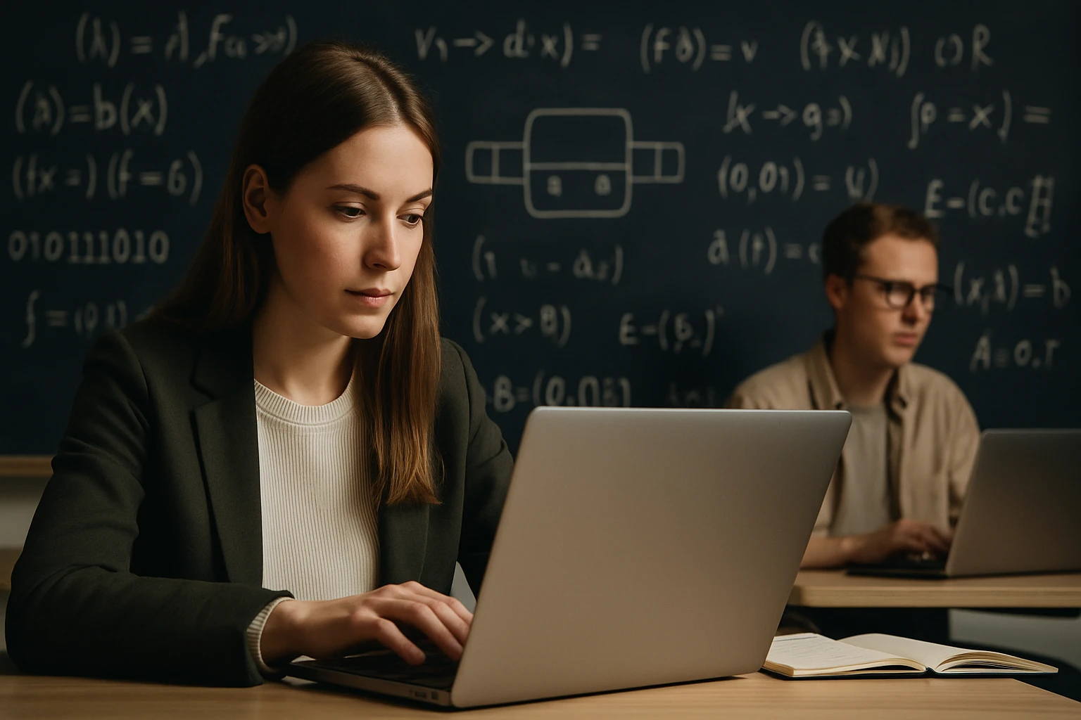 Egy fiatal nő a laptopján dolgozik, matematikai képletek a háttérben.