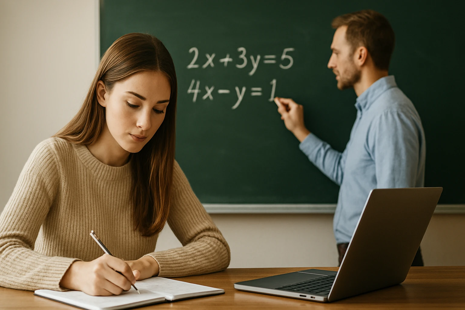 Egy diák matematikai feladatokat ír egy füzetbe, miközben a tanár a táblán magyaráz.