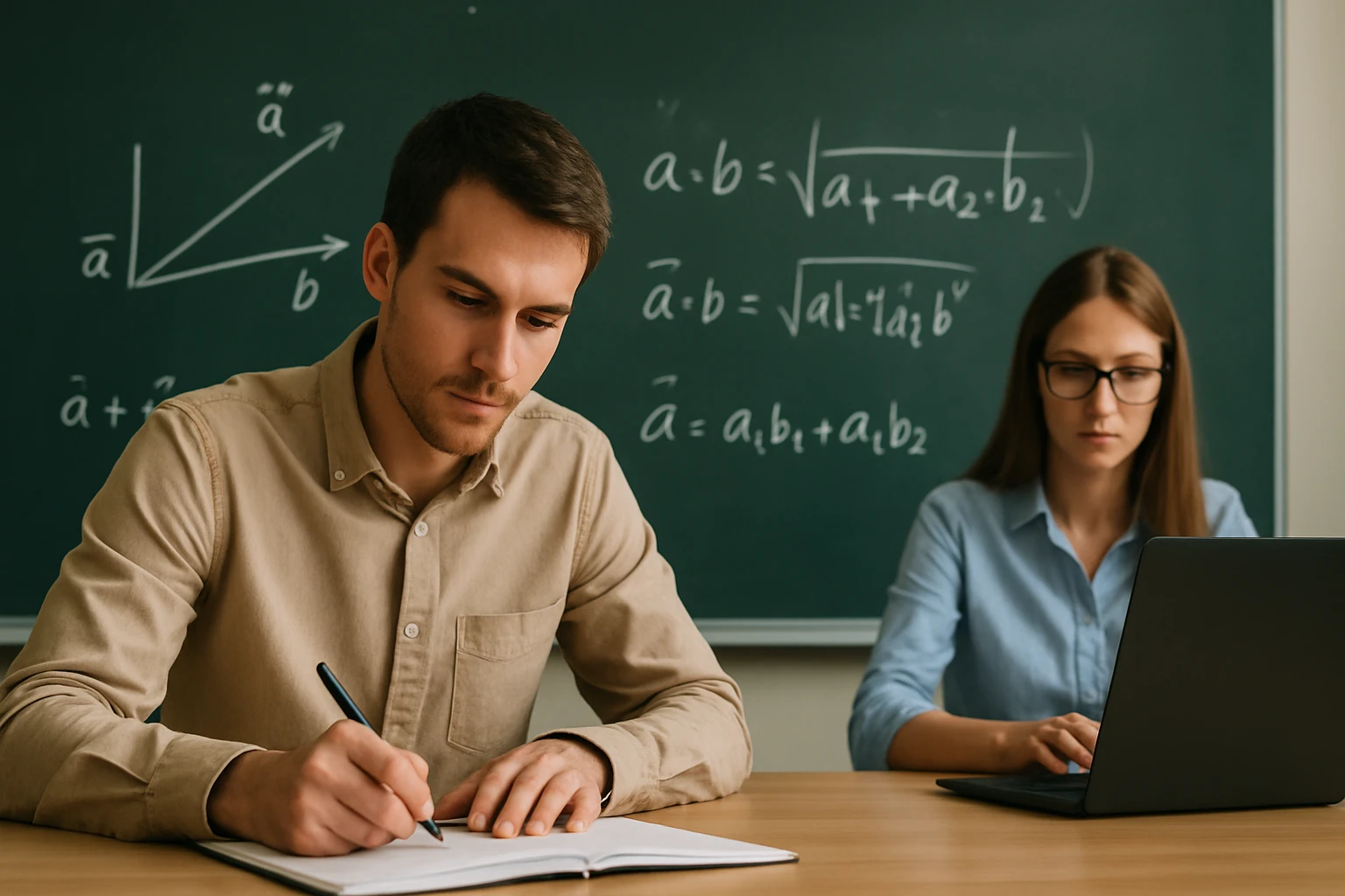 Két diák matematikai feladatokat old meg egy tanteremben, táblán képletek láthatók.