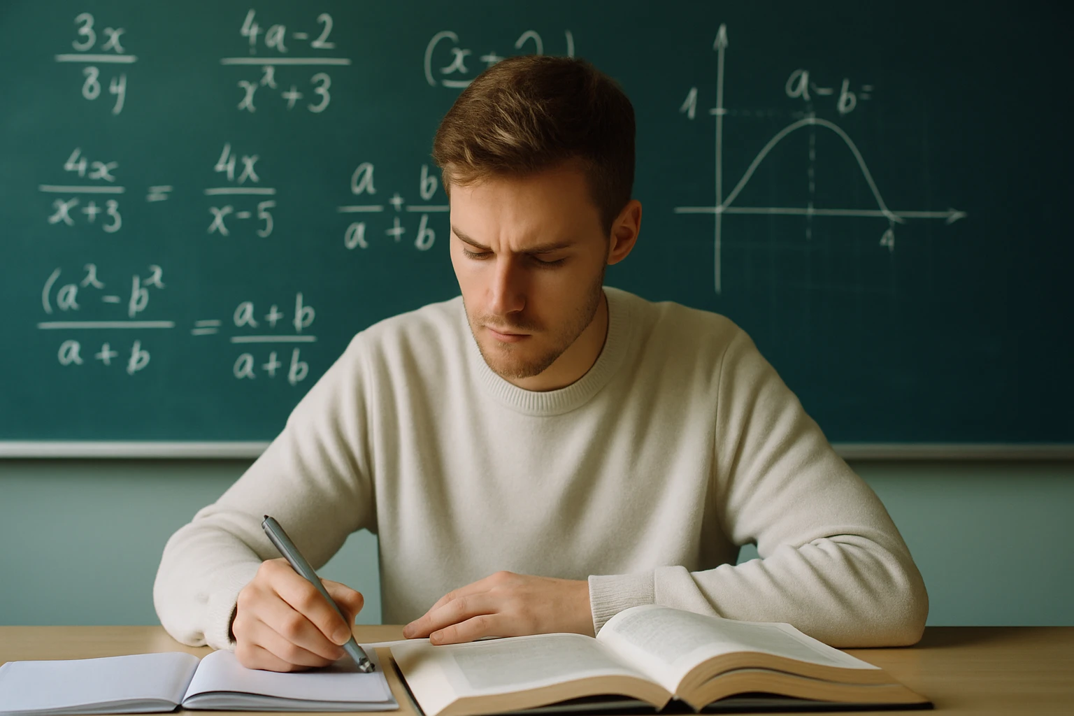 Egy fiatal férfi matematikai feladatokat old meg egy könyv és jegyzetek segítségével.