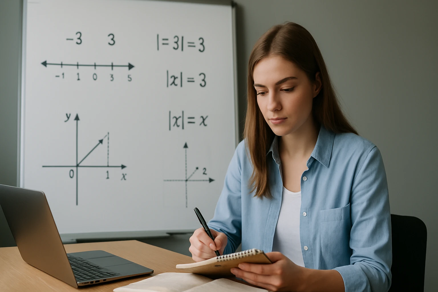 Egy fiatal nő matematikai feladatokat ír egy jegyzetfüzetbe, háttérben táblával.