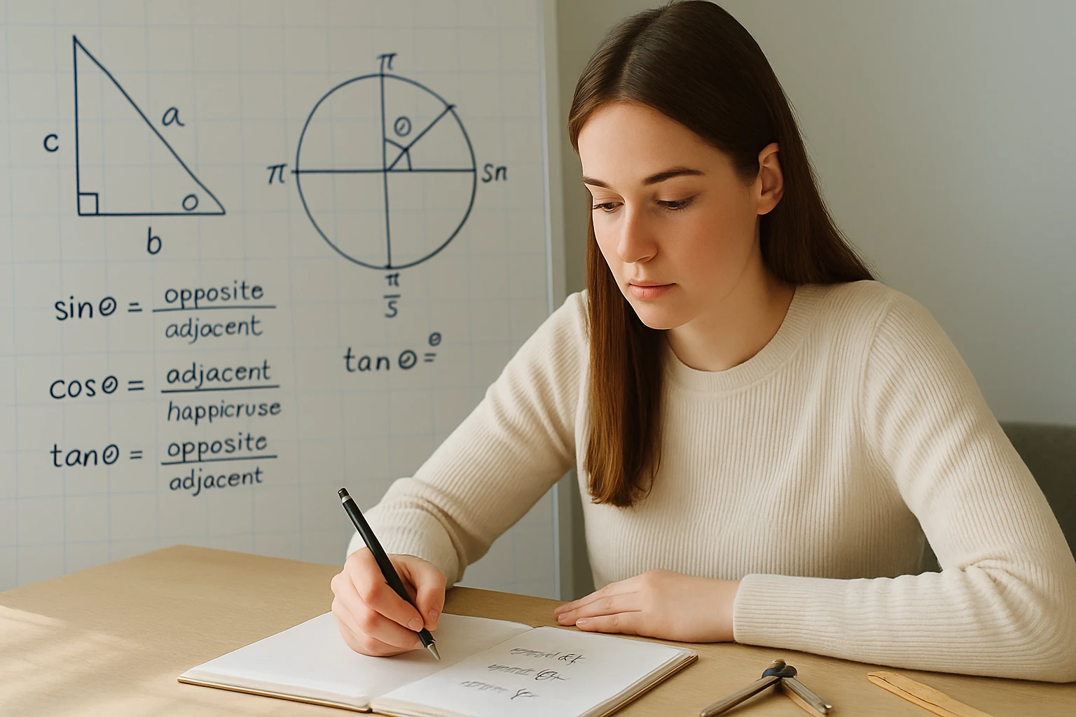 Egy fiatal nő matematikai képleteket ír egy jegyzetfüzetbe, háttérben trigonometrikus ábrák.