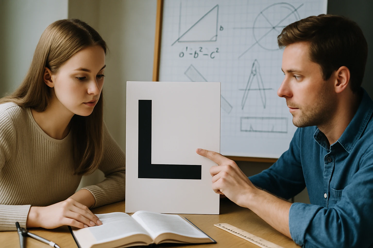 Két fiatal, egy férfi és egy nő, matematikai fogalmakat tanulnak egy L betűt tartva.