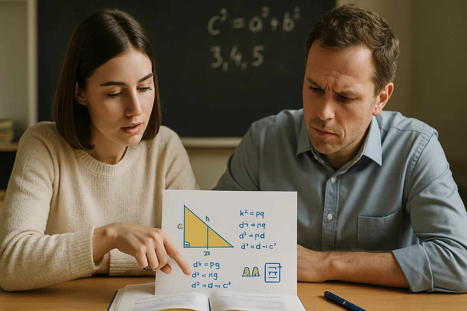 Két ember egy matematikai feladatot tanulmányoz, geometriai ábrával.