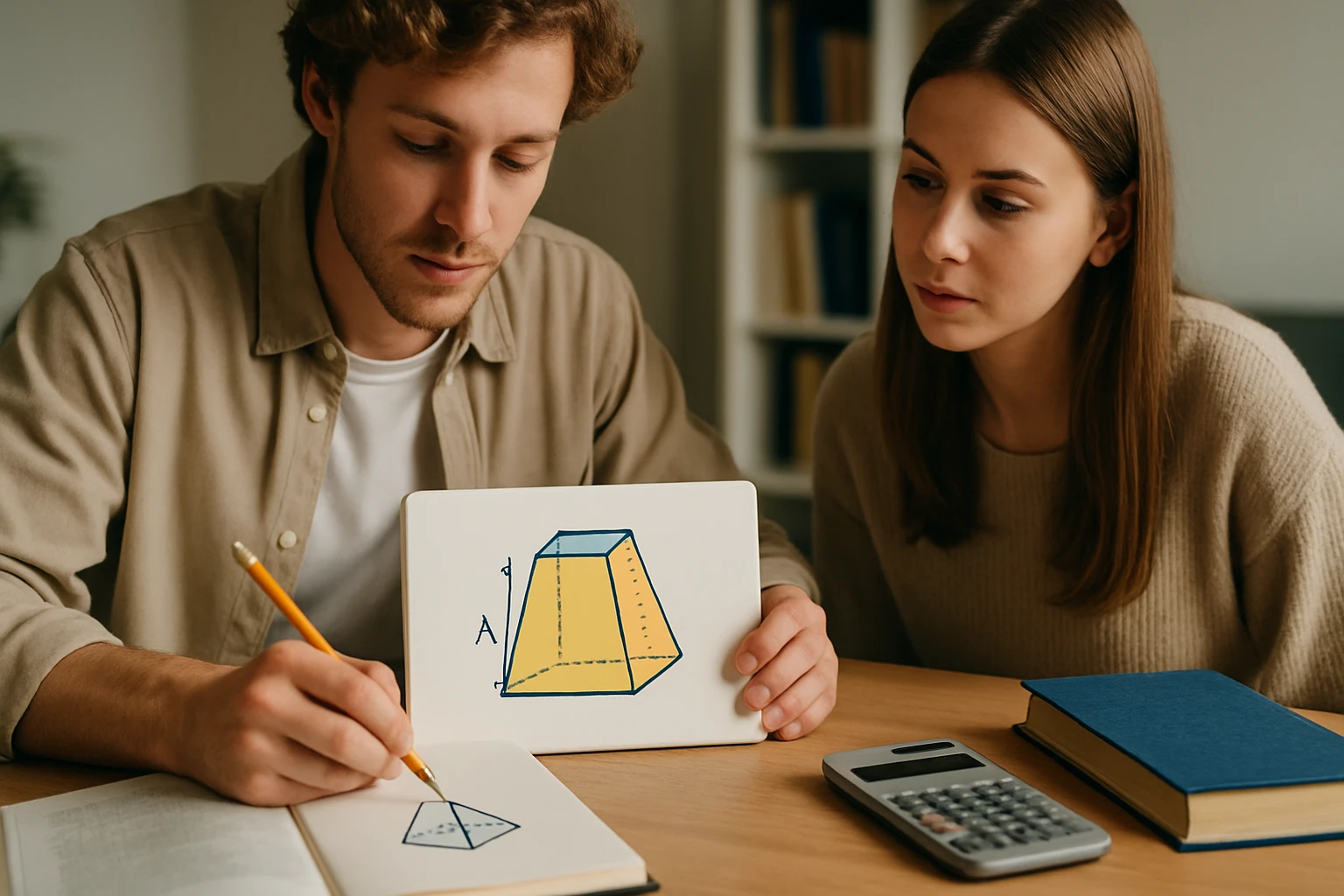 Két fiatal, egy férfi és egy nő, matematikai feladatot oldanak meg, geometriai alakzatokat rajzolnak.