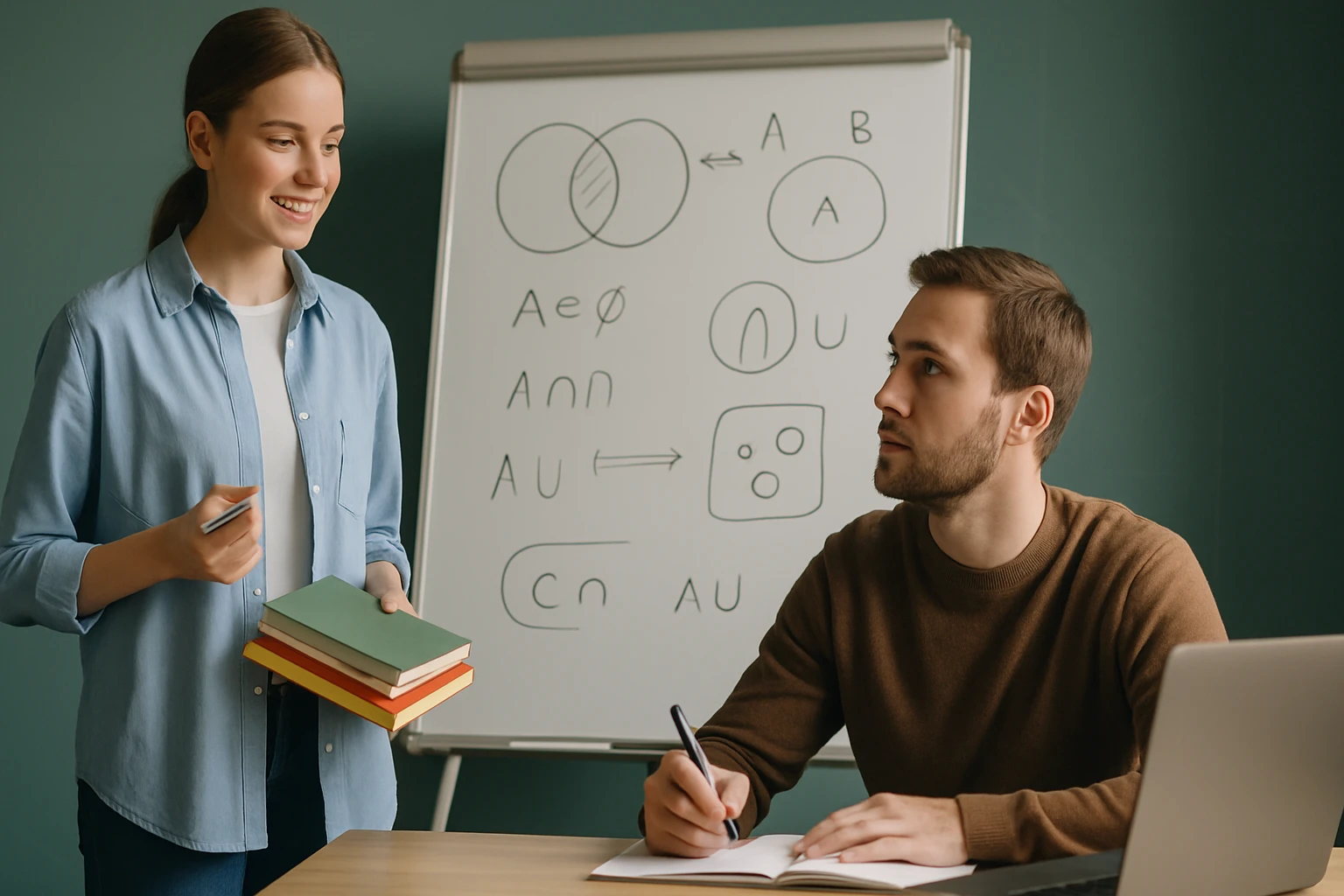 Egy fiatal nő matematikai könyveket tart, miközben egy férfi figyelmesen jegyzetel.