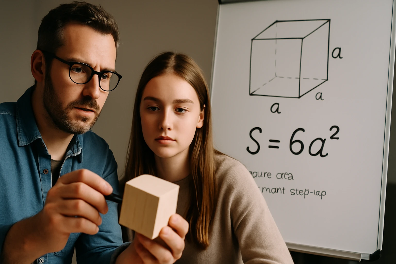 Egy férfi és egy lány egy kockát tanulmányoznak, miközben matematikai képlet látható a háttérben.