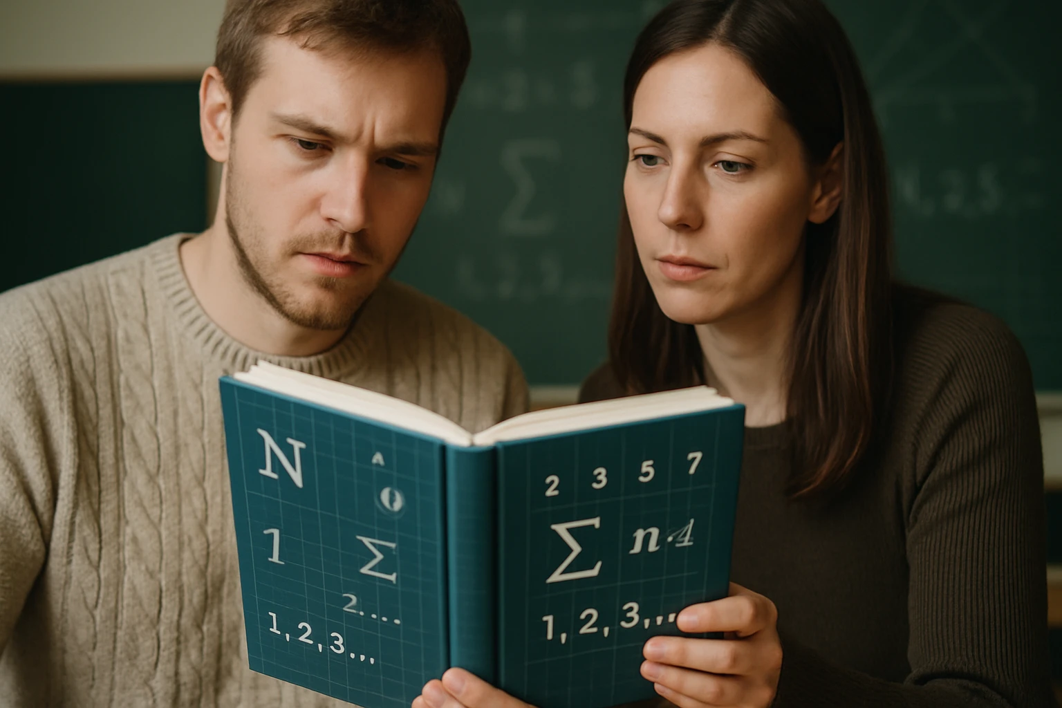 Két fiatal felnőtt matematikai könyvet olvas, koncentrált arccal.