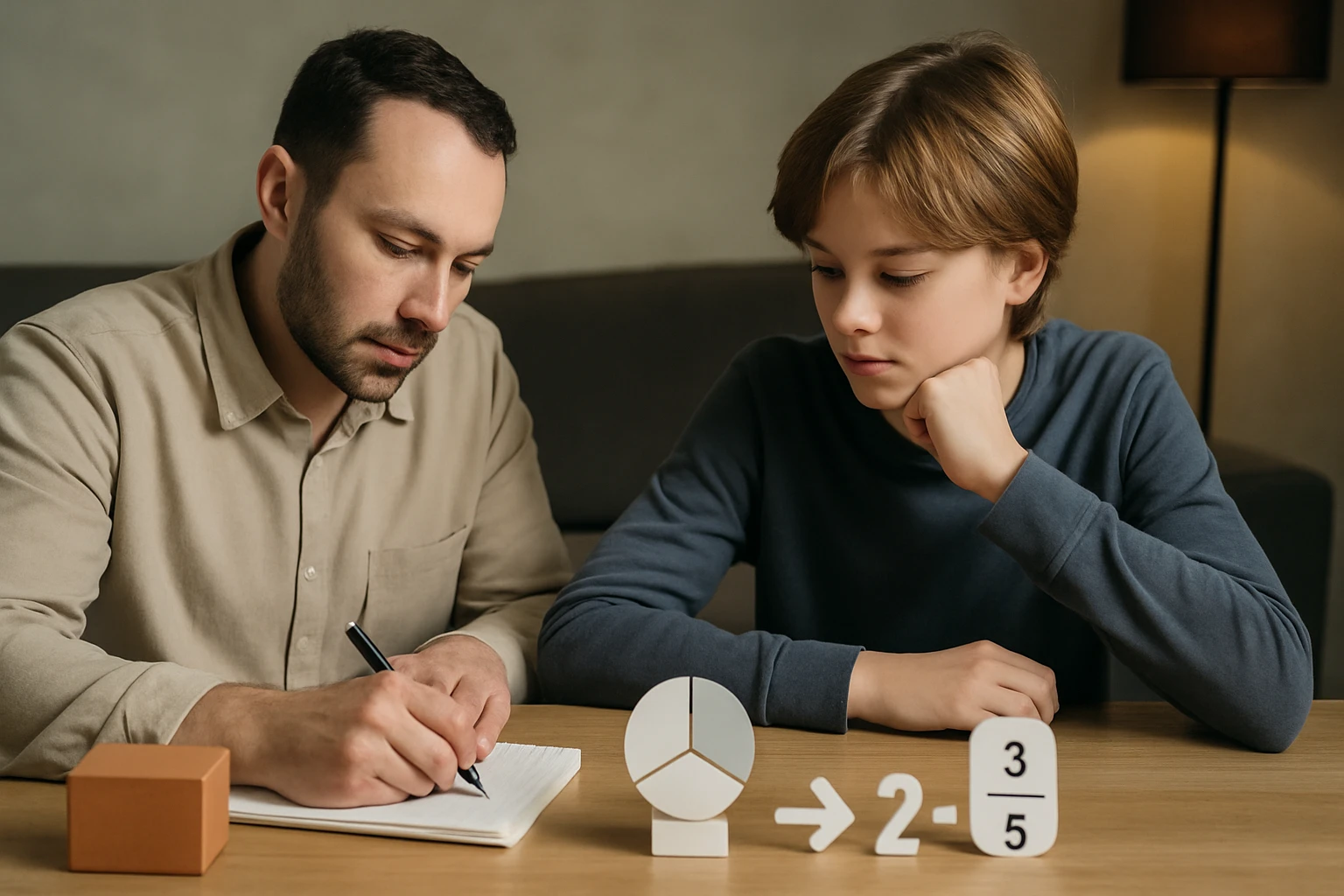 Egy felnőtt és egy gyermek együtt tanulnak matematikát, jegyzetelnek.