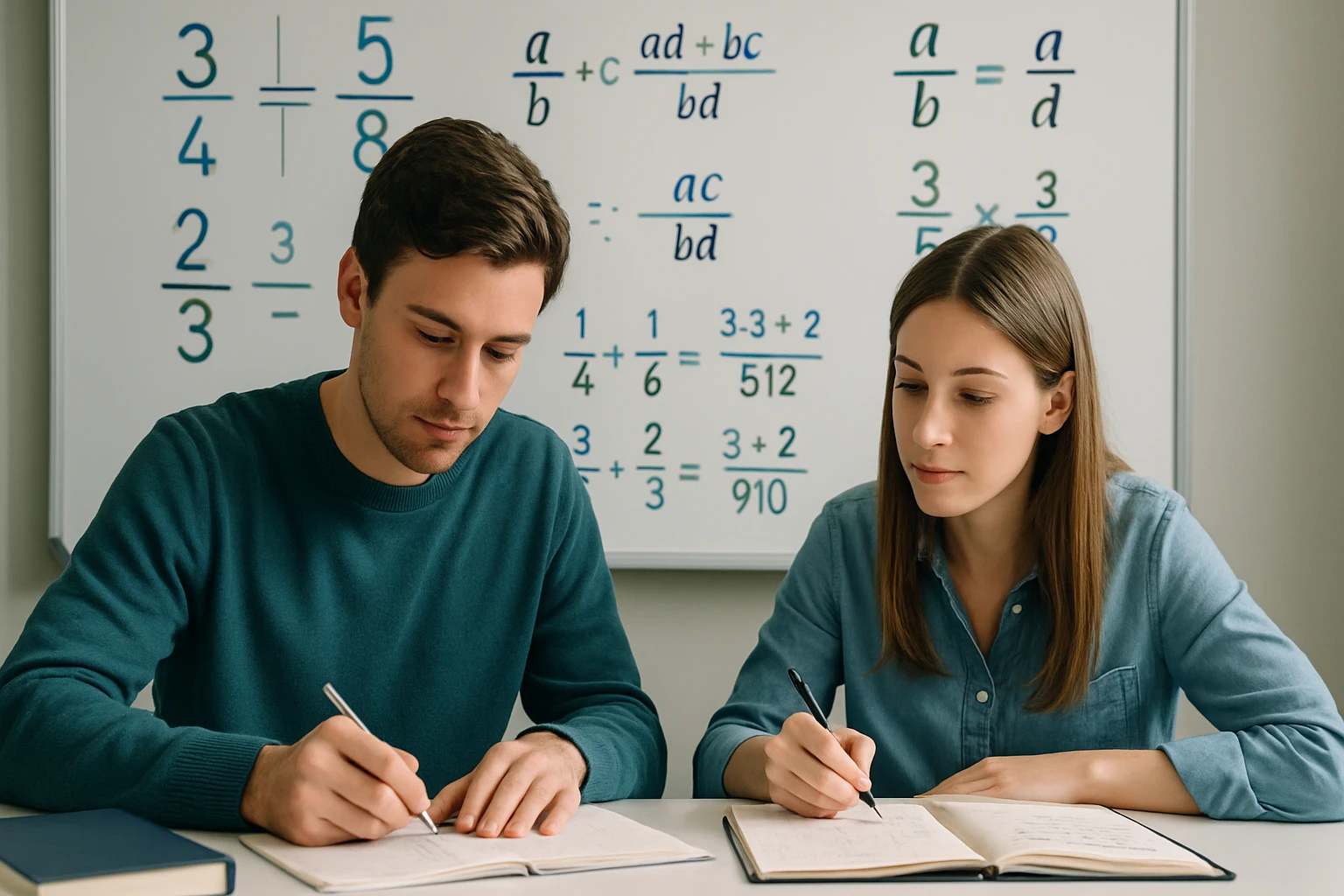 Két fiatal, matematikai feladatokat megoldó diák ül egy asztalnál.