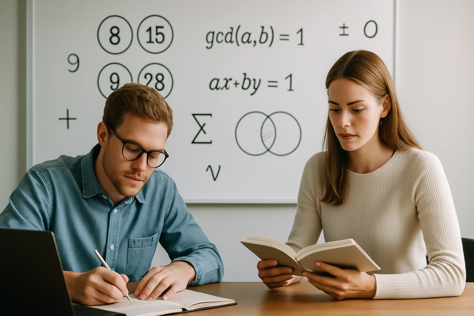 Két fiatal felnőtt tanul egy asztalnál, matematikai képletek a háttérben.