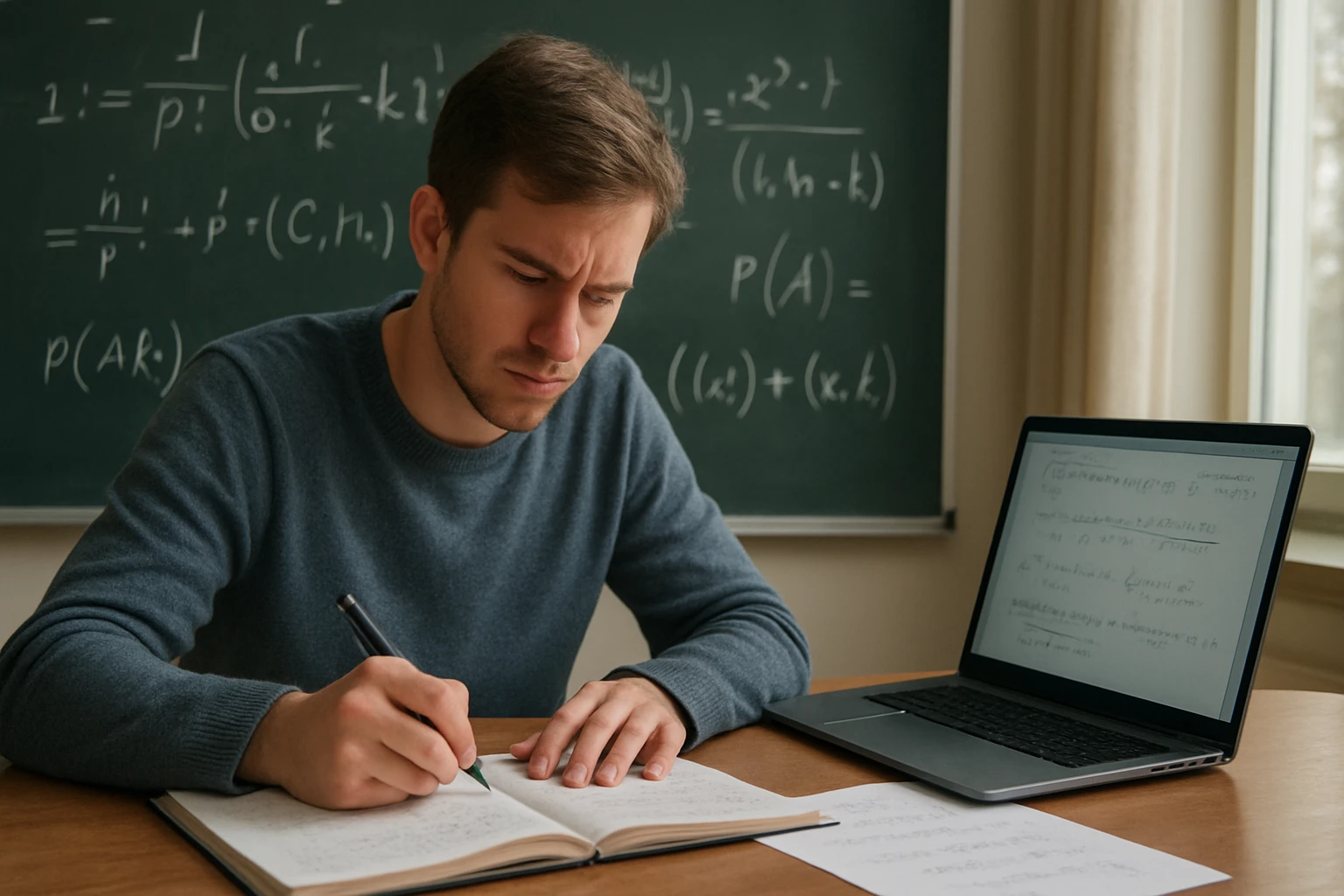 Egy fiatal férfi matematikai feladatokat old meg egy füzetben, laptop előtt ülve.