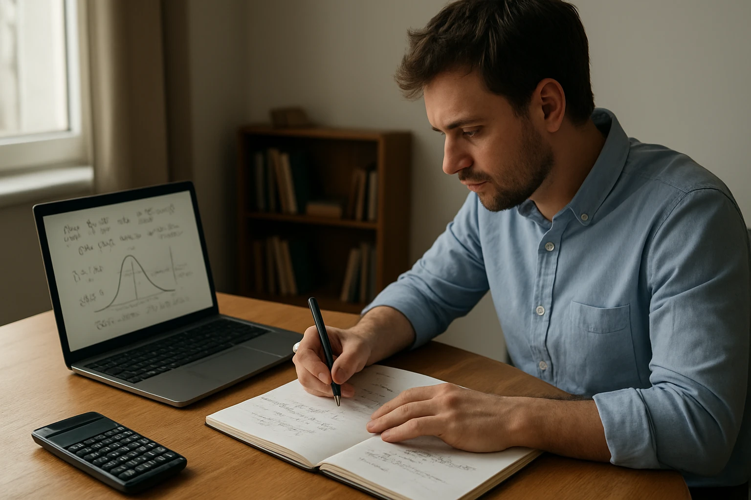 Egy férfi matematikai feladatokat ír egy jegyzetfüzetbe, laptop előtt ülve.