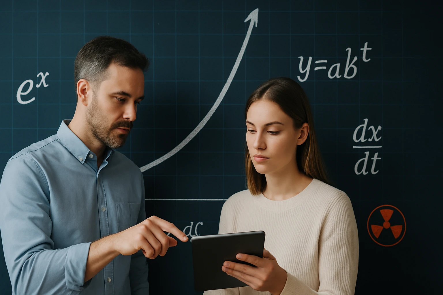 Egy férfi és egy nő matematikai képleteket néznek egy táblán, miközben egy táblagépet használnak.