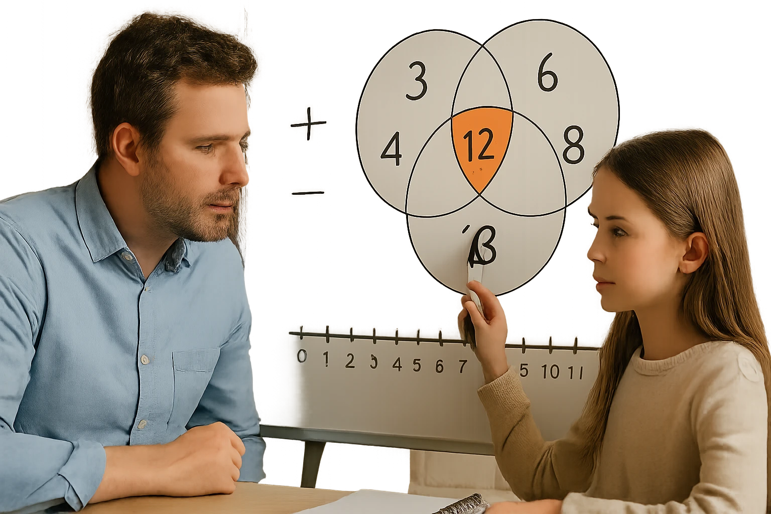 Egy lány és egy férfi matematikai feladatot oldanak meg táblán, Venn-diagram segítségével.