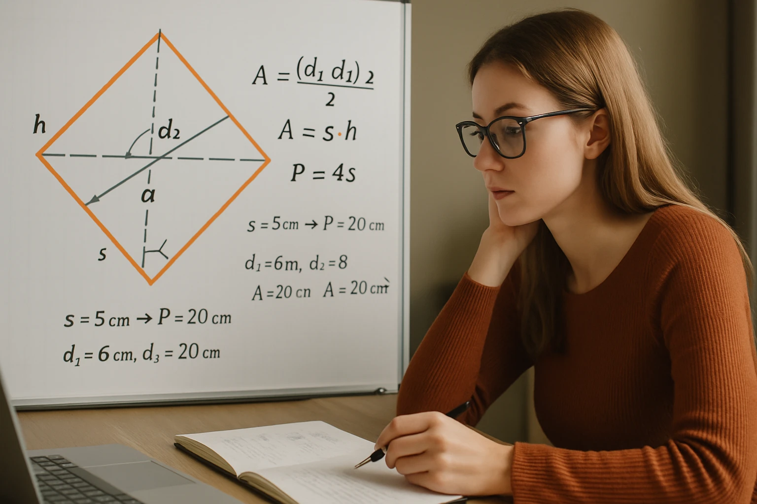 Egy fiatal nő tanulmányoz egy matematikai táblát, amely a rombusz területét mutatja.