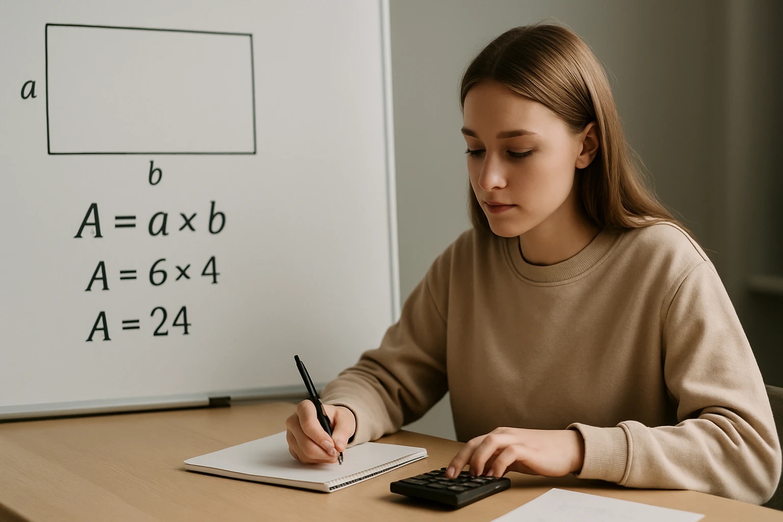 Egy fiatal nő matematikai feladatot old meg, a terület képletét írja.