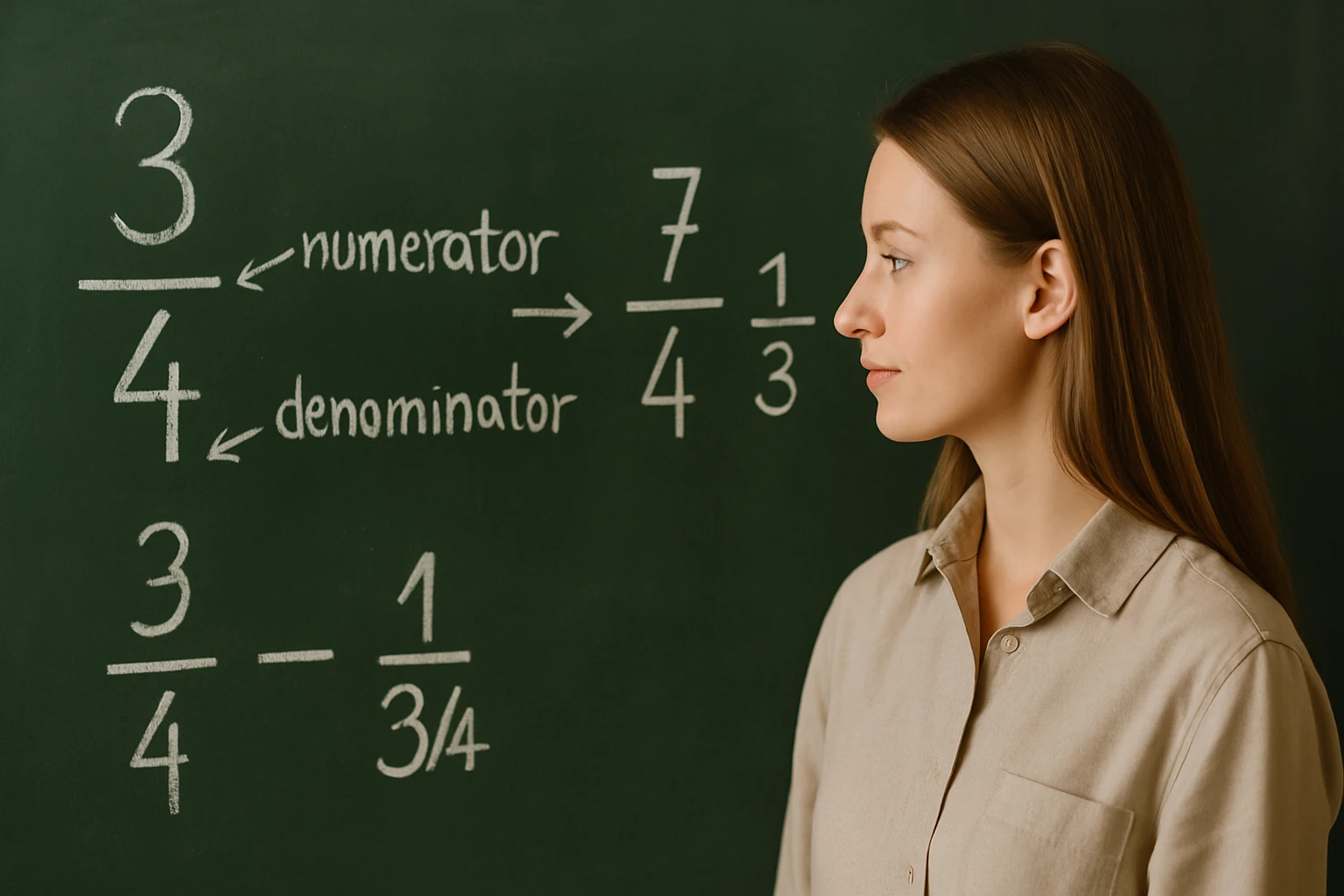 Egy nő a táblán lévő törtek és matematikai kifejezések előtt áll.