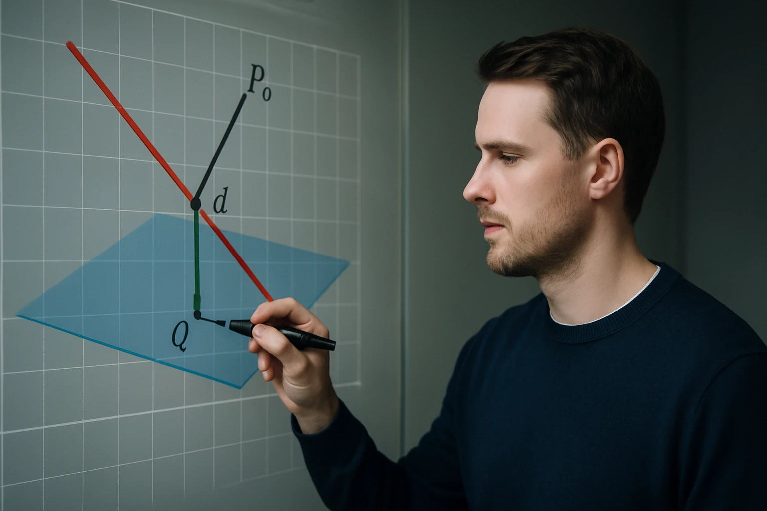 Egy férfi egy matematikai grafikont rajzol, amely vektorokat és síkot ábrázol.