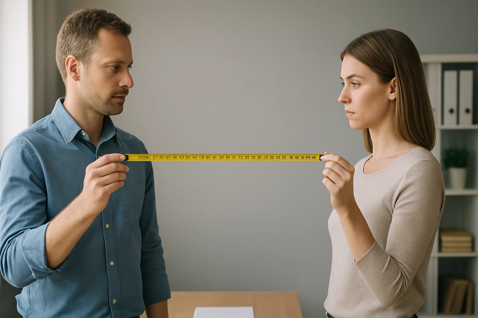 Két ember egy mérőszalagot tart, figyelmesen mérik a távolságot.