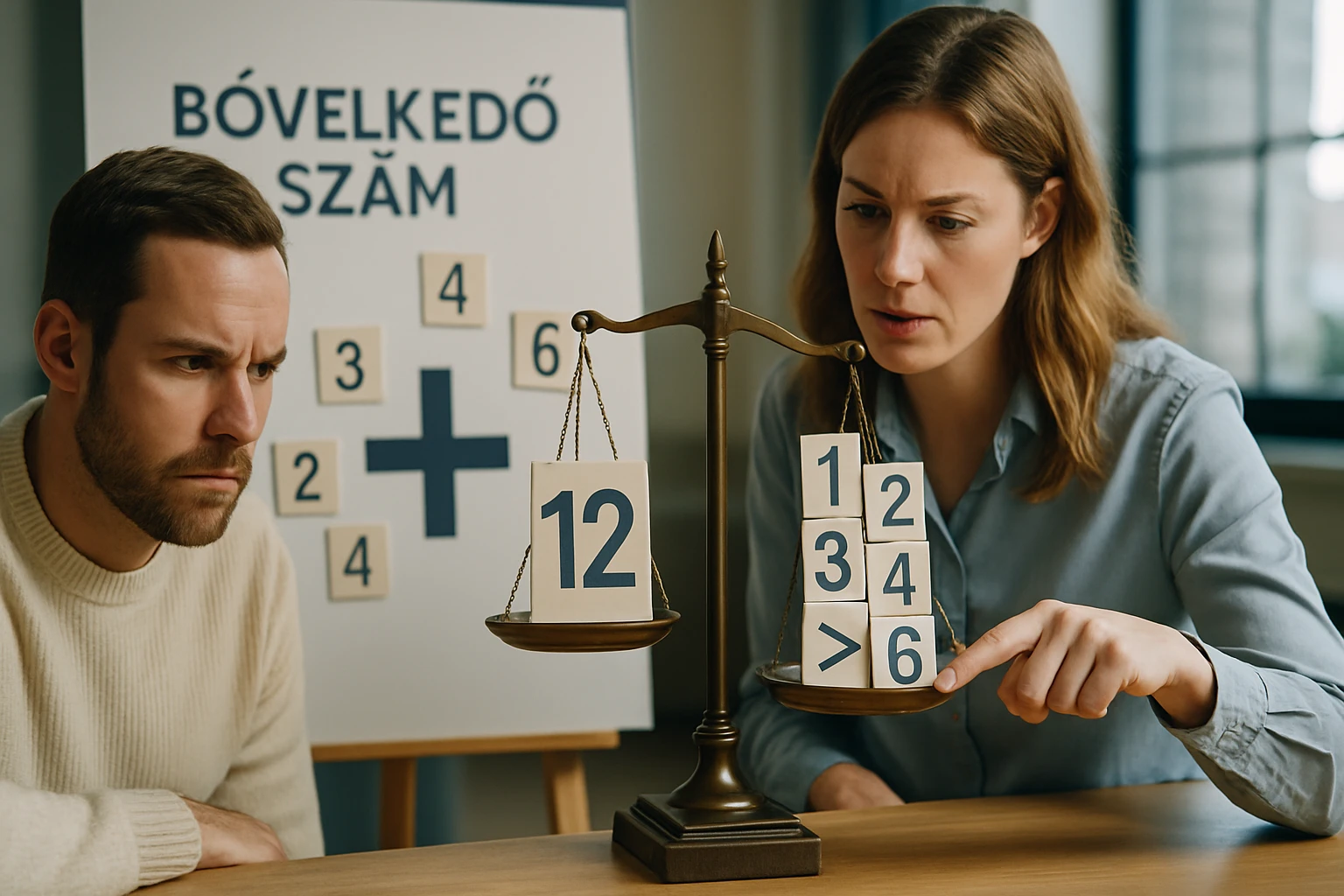 Két ember egy mérlegen összehasonlítja a számokat, a háttérben matematikai jelölések láthatók.