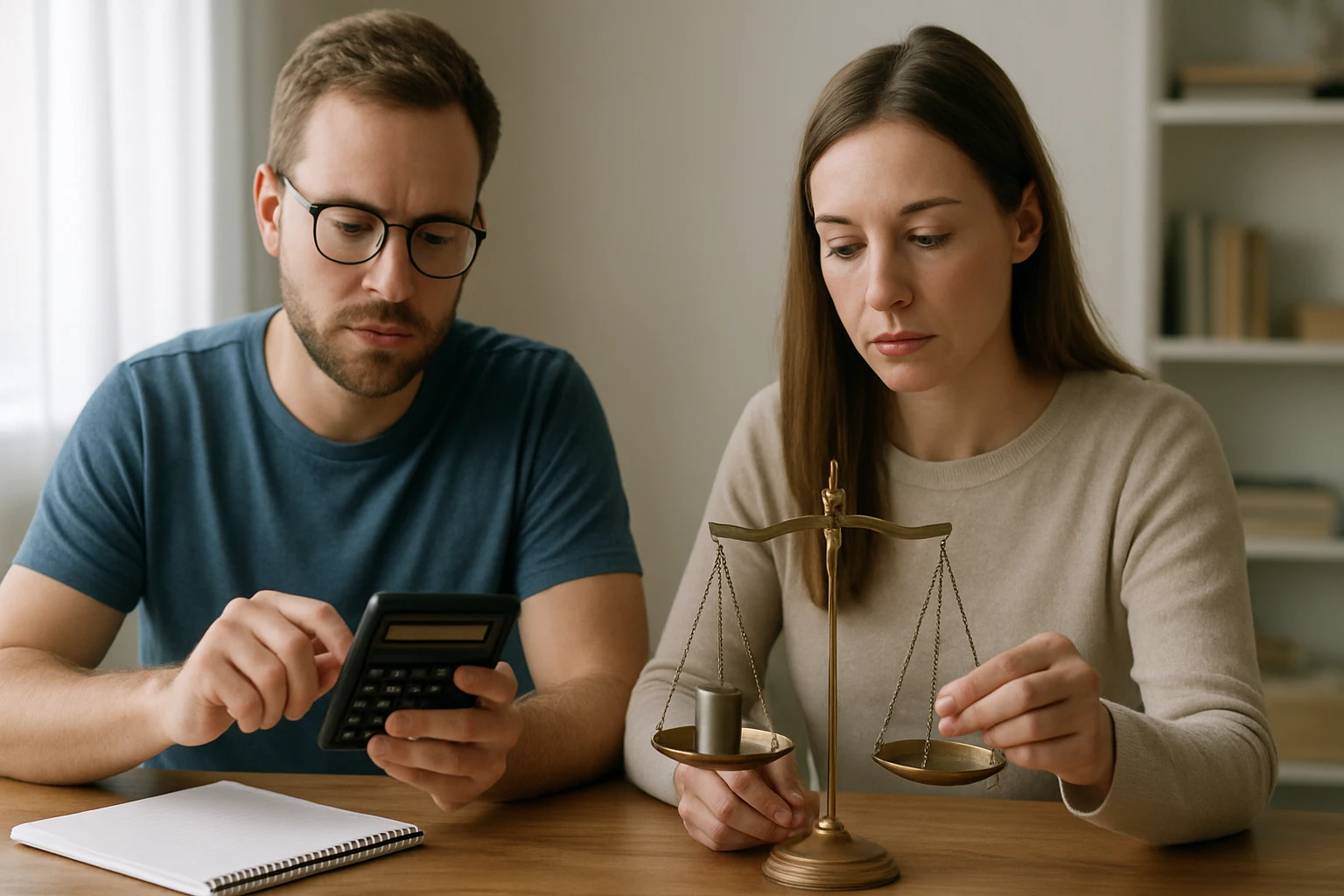 Két fiatal felnőtt számológépet használ, miközben egy mérleggel dolgoznak.