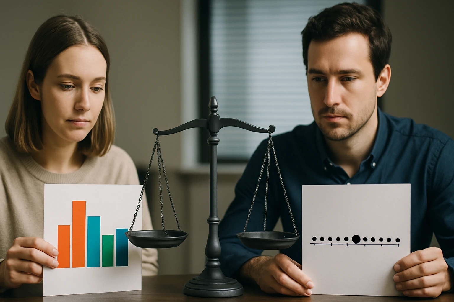 Két ember egy mérleg mellett, az egyik oszlopdiagramot, a másik pontdiagramot tart.