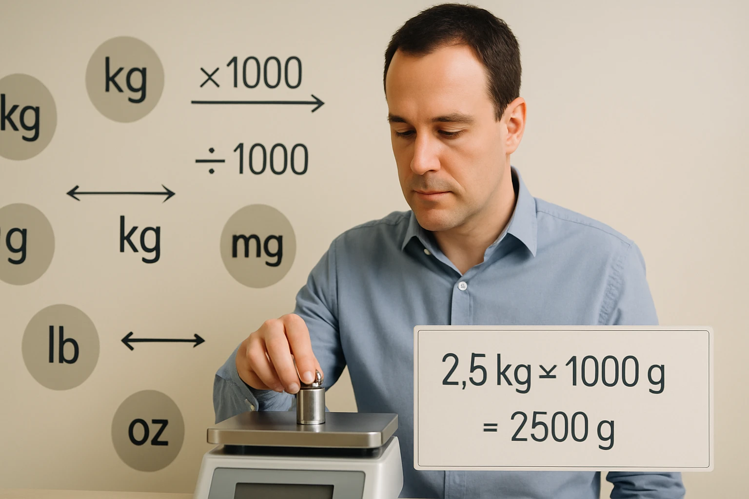 Egy férfi súlyt mér egy digitális mérlegen, miközben mértékegységeket konvertál.
