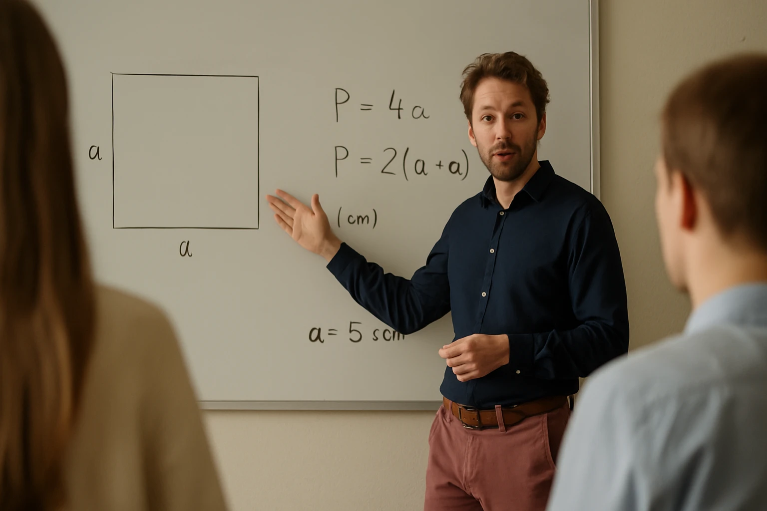 Egy tanár a táblán négyzet kerületének és területének képleteit mutatja be.