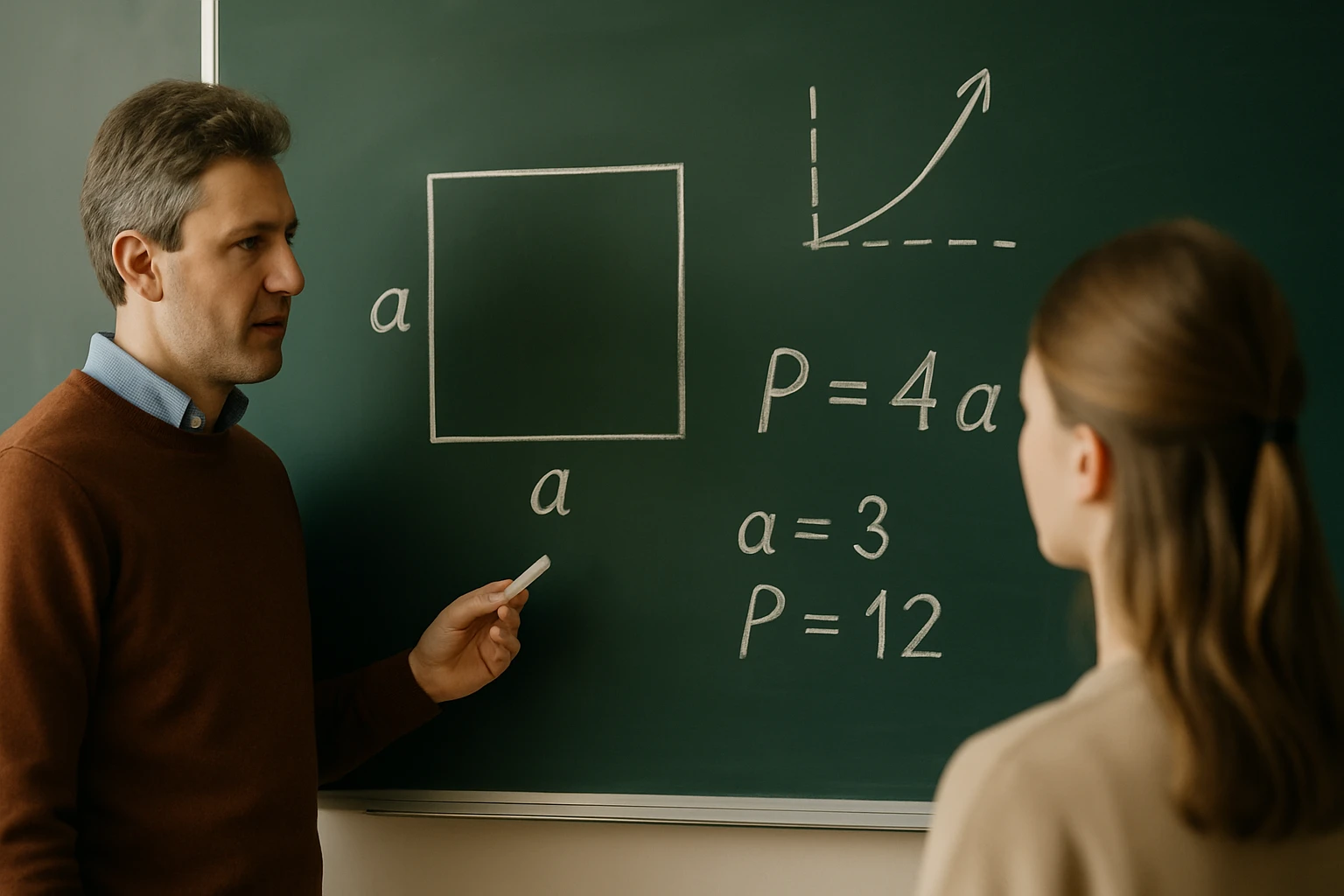 Egy tanár a táblán a négyzet kerületének képletét magyarázza.