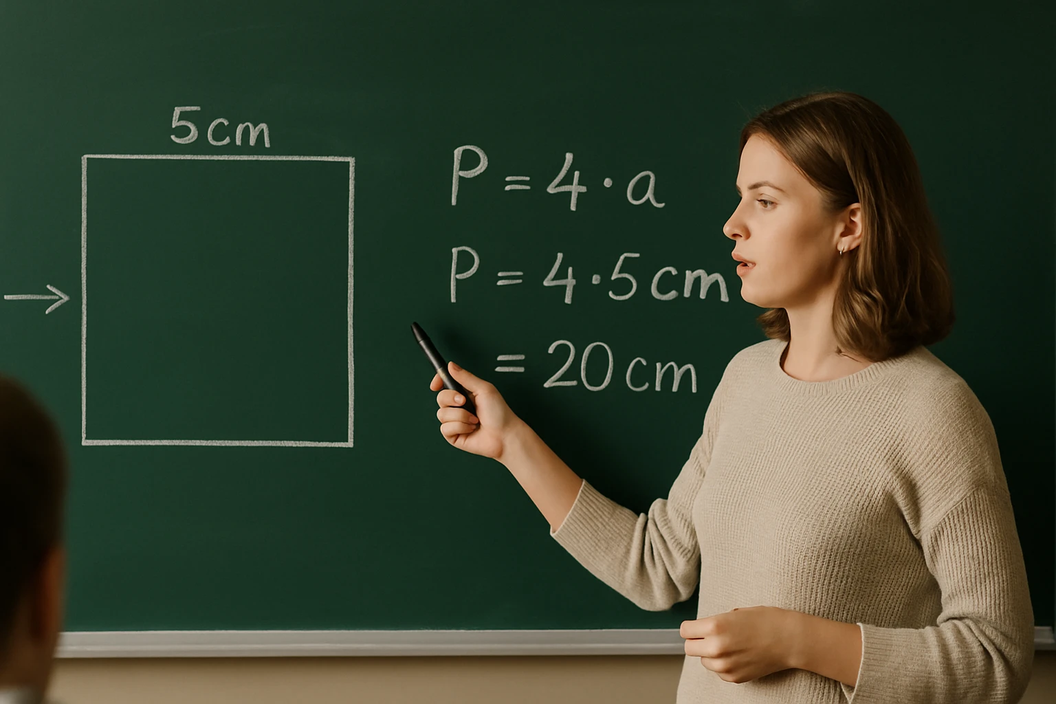 Egy tanárnő a táblánál egy négyzet kerületének számítását mutatja be.