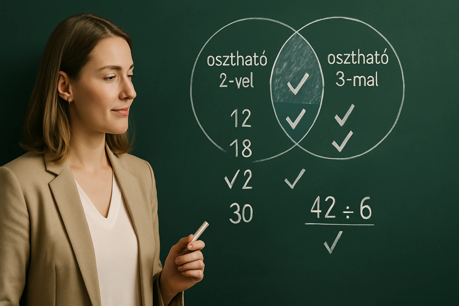 Egy nő a táblánál oszthatósági példákat magyaráz, 2-vel és 3-mal osztható számokkal.