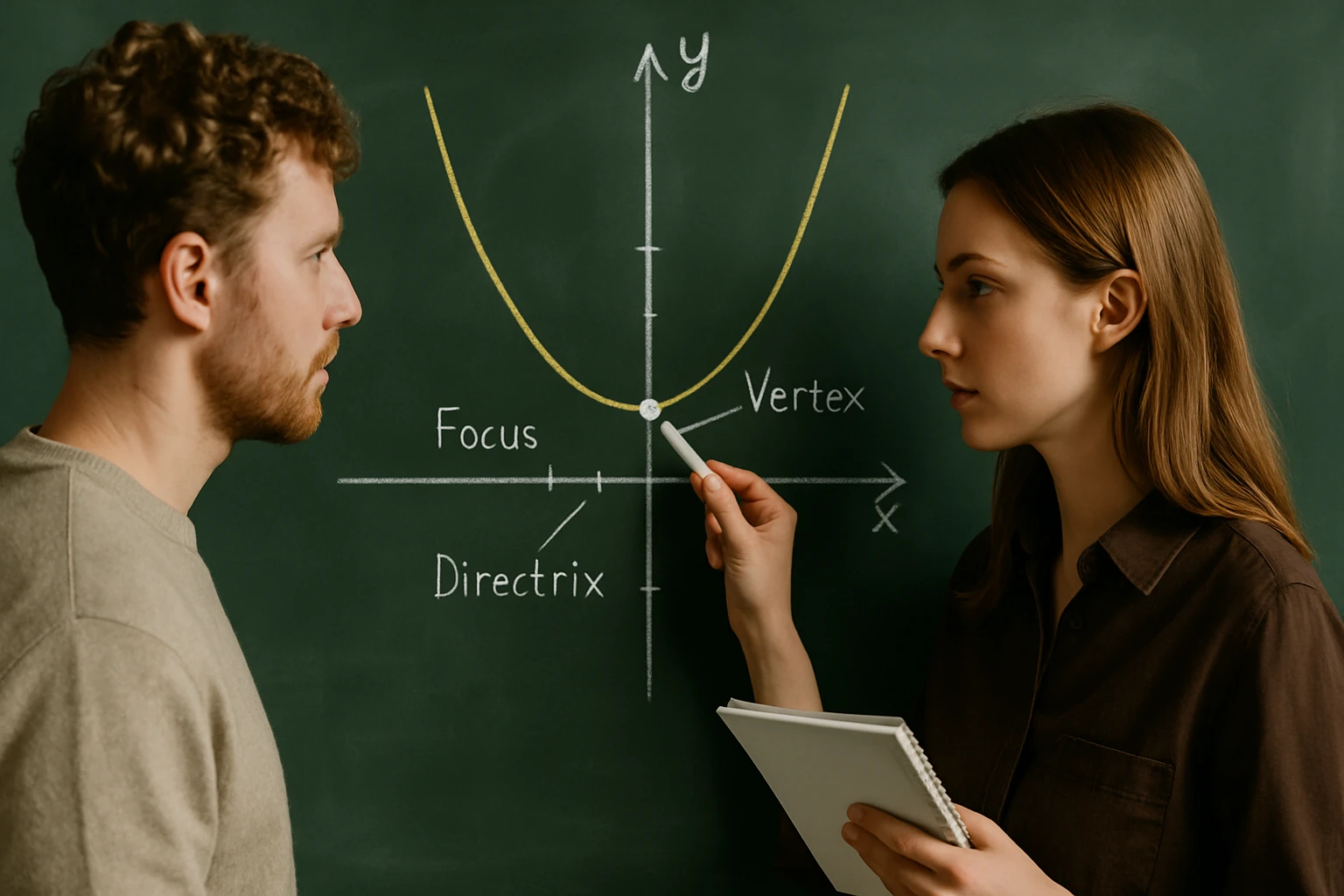Két fiatal ember egy parabolát magyaráz a táblán, fókusz és vertex jelölésekkel.