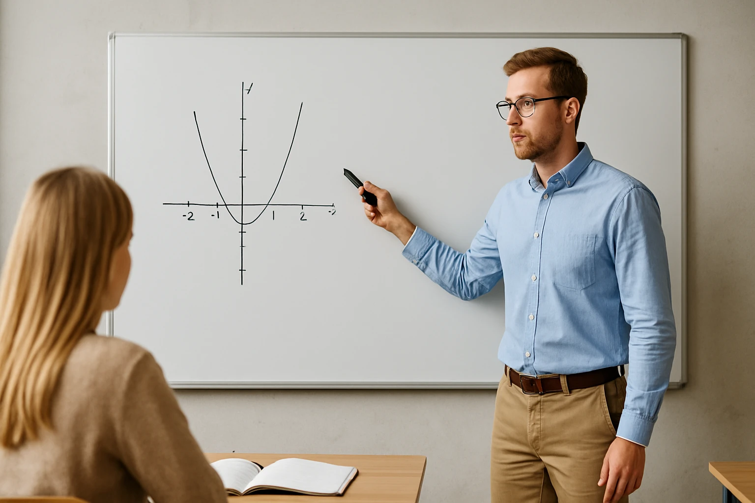 Egy tanár a táblán egy parabolát mutat, miközben diákja figyel.