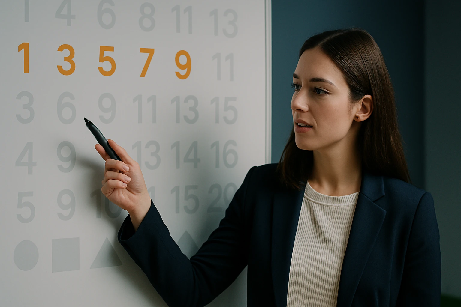 Egy nő egy táblán mutatja a számokat, hangsúlyozva a páratlanokat.