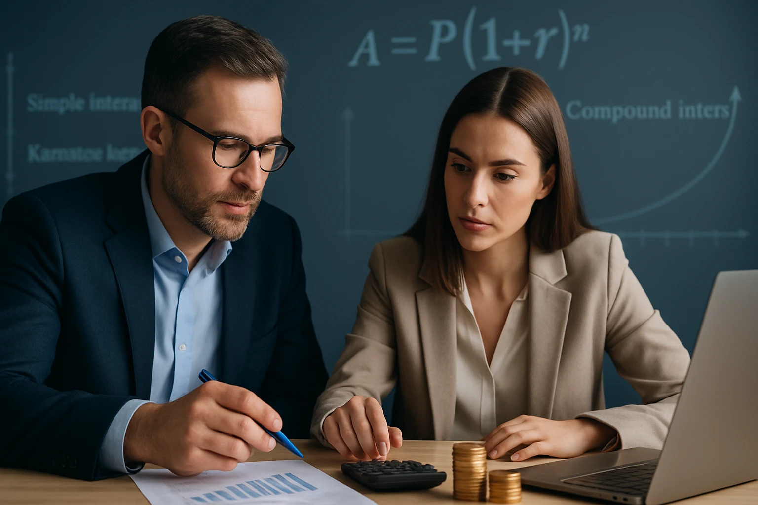 Két üzletember pénzügyi elemzést végez egy asztalnál, grafikonokkal és számológéppel.