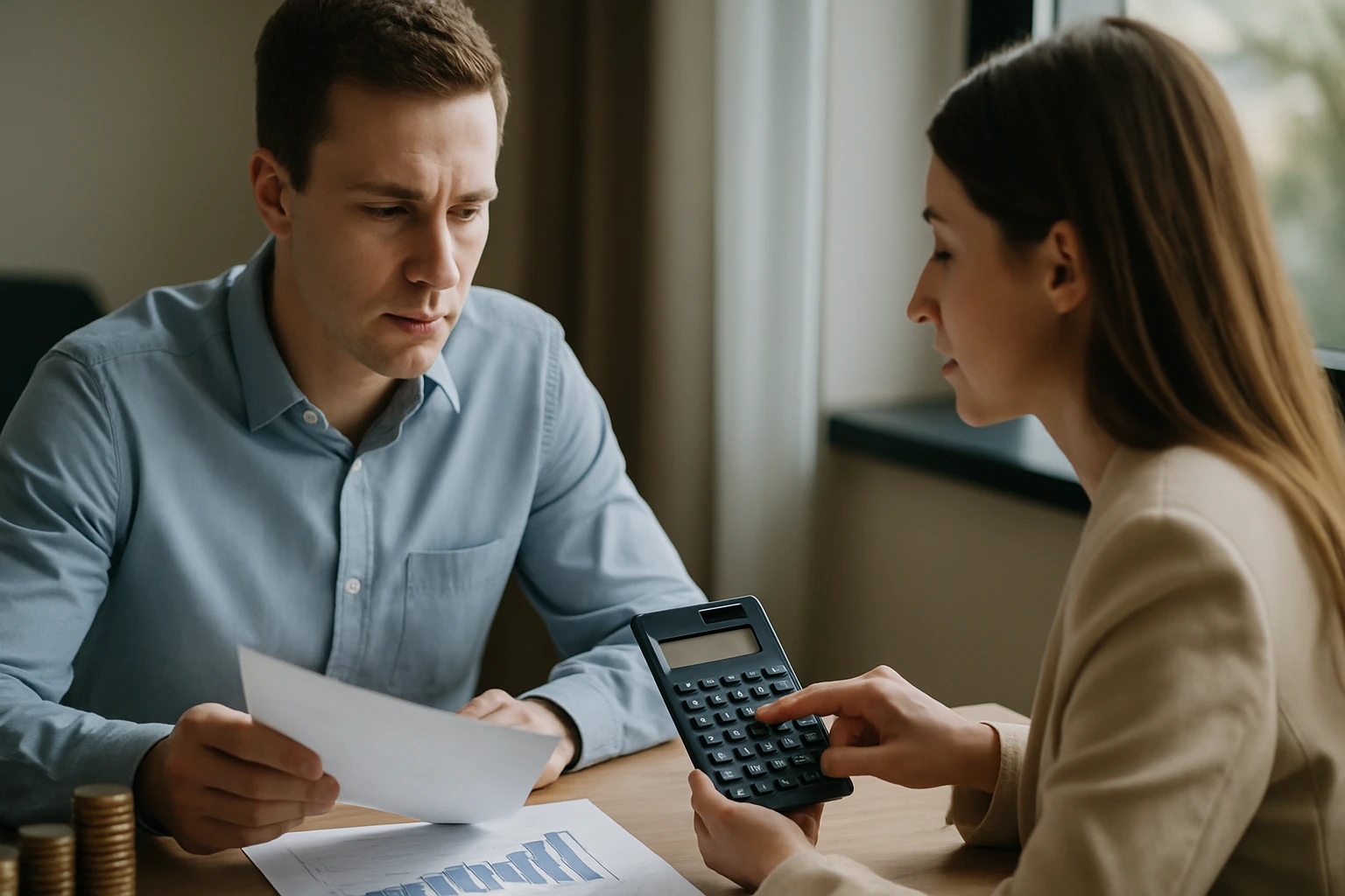 Egy férfi és egy nő számológépet használnak pénzügyi adatok elemzéséhez.