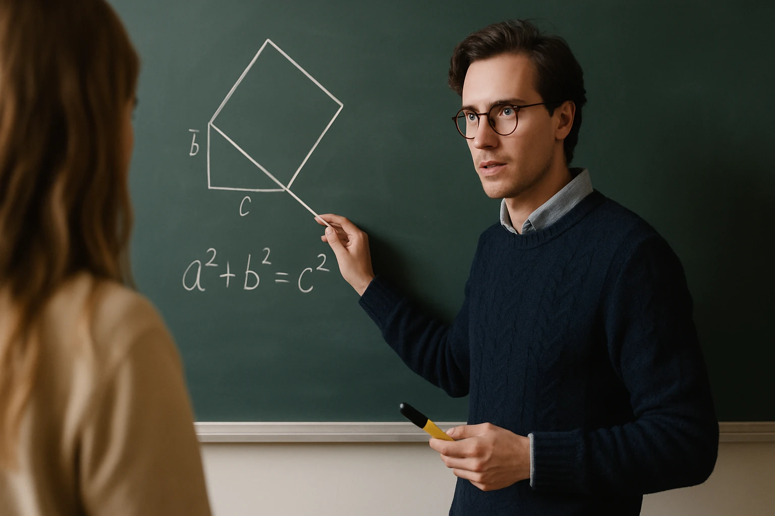 Egy tanár a táblán a Pitagorasz-tételt magyarázza, geometriai ábrával.