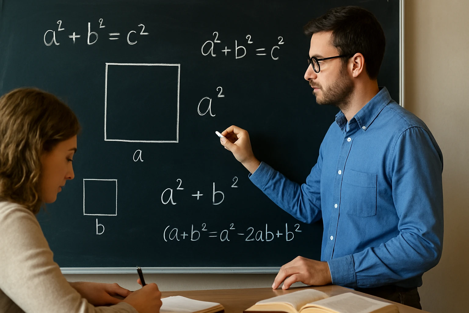 Egy tanár a táblán a Pitagorasz-tételt magyarázza, míg egy diák jegyzetel.