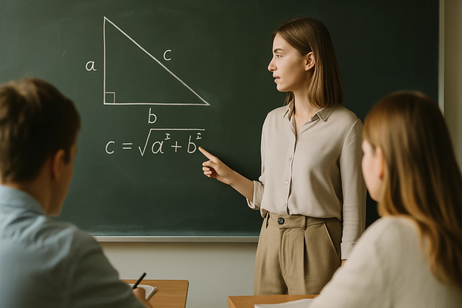Egy tanár a táblán a Pitagorasz-tételt magyarázza diákoknak.