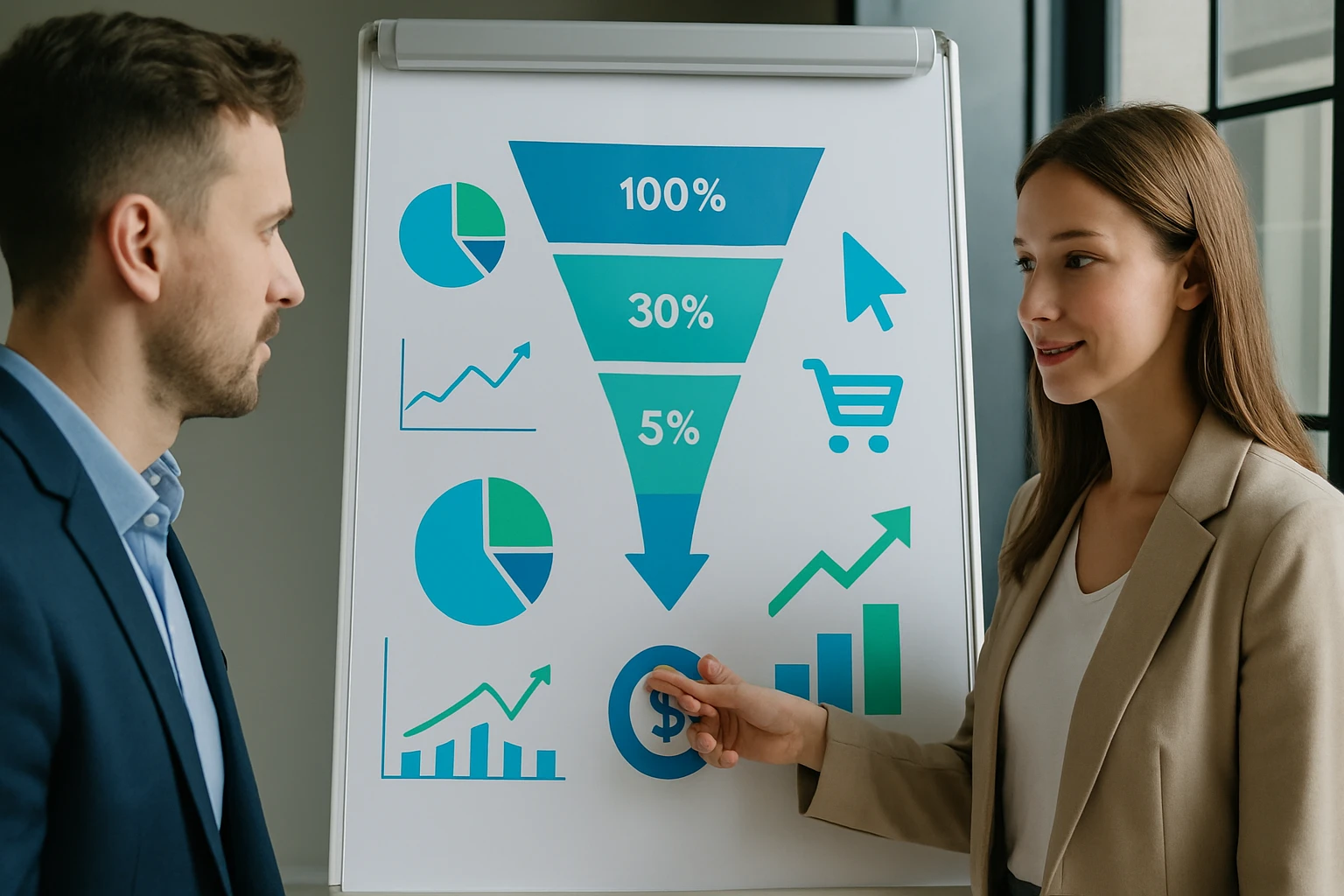 Egy nő és egy férfi egy prezentációs táblánál áll, ahol grafikonok és diagramok láthatók.