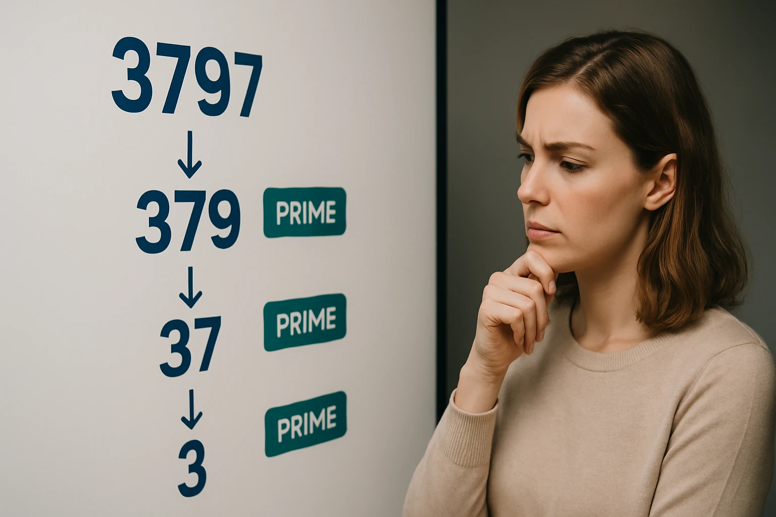 Egy nő gondolkodik a prímszámokkal kapcsolatos feladaton, amely 3797-től indul.