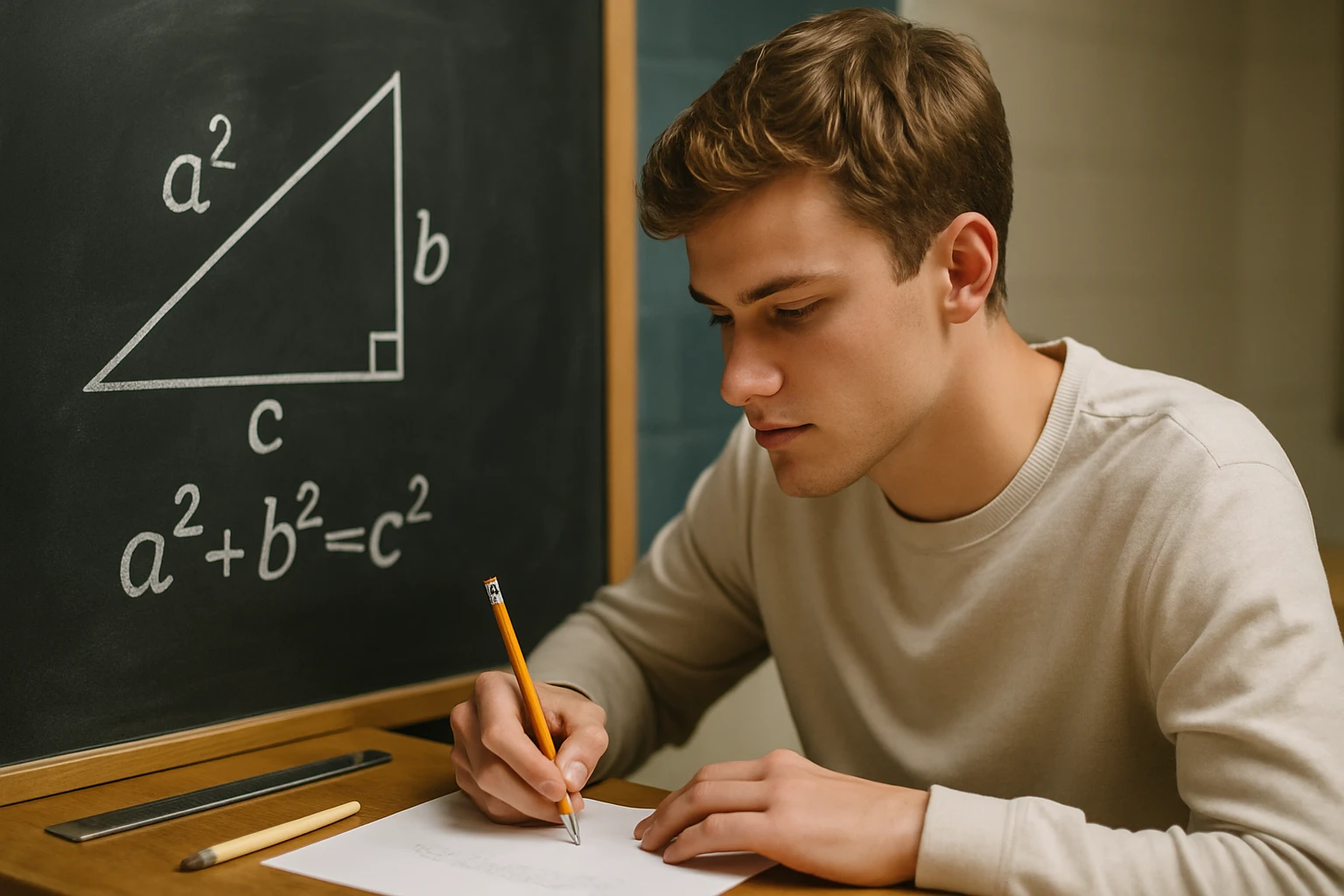Egy fiatal férfi a Püthagorasz-tételt tanulmányozza egy táblánál.